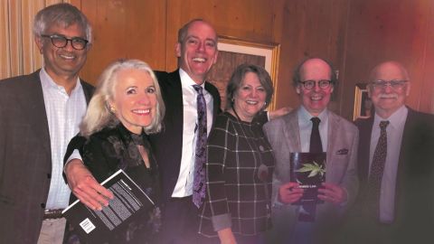 Robert Frater (2nd right) at the Cannabis Law book launch with his Law’84 classmates Firoz Ahmed, Justice Darla Wilson, Justice Grant Huscroft, Sharon Addison and David Finley.