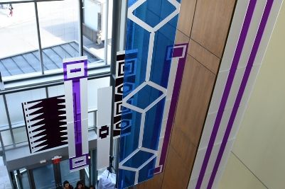 The seven piece installation can be viewed from the lobby and from all levels of the main staircase. (Photo by University Communications)