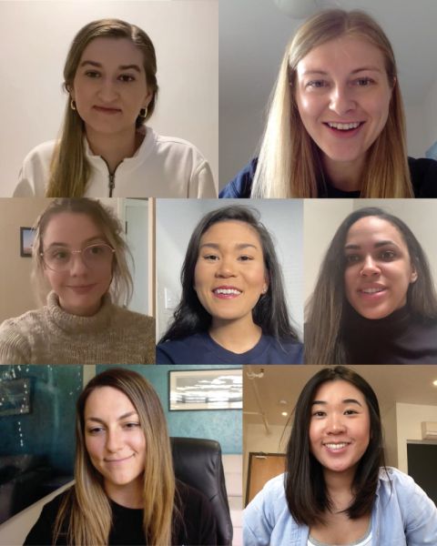 Accepting their LSS recognition awards by video are: (top row) Queen’s Law Human Rights Club President Maria Reisdorf and Lindsay Toth; (middle row) Rhiannon McNamara, Isabelle Guevara and Dakota Bundy; and (bottom row) Alexa Banister-Thompson and Olivia Moon.