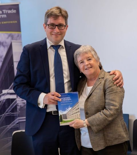 Professor Nicolas Lamp with Valerie Hughes, the leading international trade law expert in whose honour the contributors to Reckoning and Renewal wrote the book. (Photo by Patrick Anderseck)