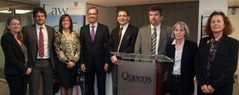 Photo by Bernard Clark. Pictured (l-r) at the grand opening of the Queen’s Law Clinics: Tanya Lee, Director, Policy and Programs, Law Foundation of Ontario; Christian Hurley, QBLC and QELC Director; Karla McGrath, QFLC Director; Dean Bill Flanagan; Principal Daniel Woolf; Randall Ellsworth, VP, Legal Aid Ontario, Northern, Central & Eastern Regions; Elizabeth Thomas, QPLC Director; and Jana Mills, QLA Acting Senior Review Counsel.