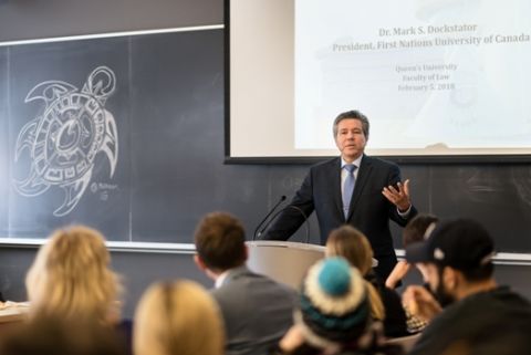 Professor Mark S. Dockstator presents his Lederman Lecture on “Reconciliation in Canada: Difference Perspectives” at Queen’s Law on February 5. (Photo by Andrew Van Overbeke)