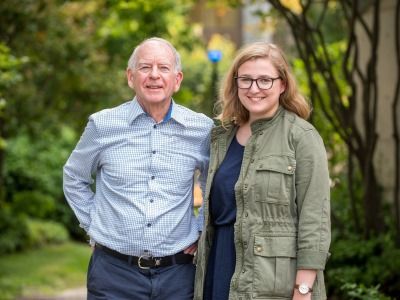 Queen’s Law donor John MacLatchy, Law’67, met Alexandra Main, Law’18, the latest beneficiary of his internship award, at his 50th anniversary reunion during September’s Law@60 Homecoming Weekend. (Photo by Garrett Elliott)