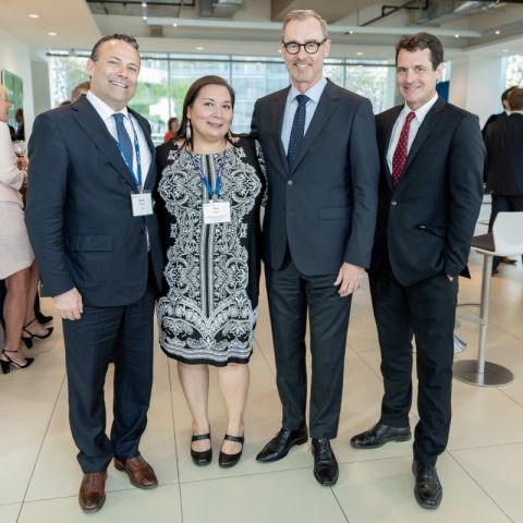 Law’95 alumnus and donor David Sharpe with Indigenous Recruitment and Support Coordinator Ann Deer, former Dean Bill Flanagan, and new Dean Mark Walters at the Celebrate Queen’s Law in Toronto alumni reception, where the Chief Don Maracle Reconciliation/Indigenous Knowledge Fund gift was announced. (Photo by Rai Allen)