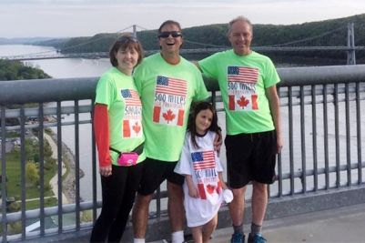 Harry McMurtry, Law’89 (second from left), and Sue Thompson (left) have met a lot of supporters as they walk from New York City to Toronto. (Supplied Photo)
