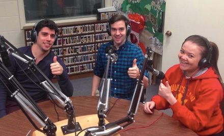 Pro Bono Radio students Brody Appotive, Graeme Macpherson and Geneve Say, all Law’17, in the broadcast booth at CFRC.