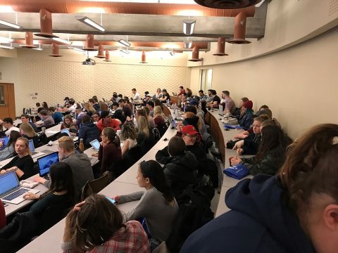 Pathways to Education students attend a class with professor Erik Knutsen at Queen's Law.