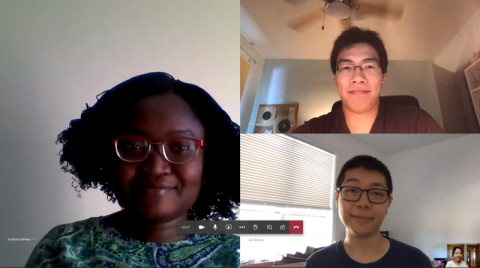 Meeting weekly to discuss current case files via Microsoft Teams are Queen’s Business Law Clinic team members: QBLC Director Tomilola Adebiyi (left); and student caseworkers Felix Suen (top right), Jye Duong (bottom right), Sheila Gu (inset, bottom right). 