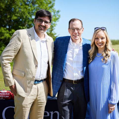 At the QBLP Garden Party, Professor Robert Yalden (middle), the Stephen Sigurdson Professor in Corporate Law and Finance hired in 2018, got caught up with Ben Fickling, JD/MBA’20, and Tearney Johnston-Jones, Law’20, now associates with Osler, Hoskin & Harcourt LLP in Toronto. (Photo by Eightbyten)