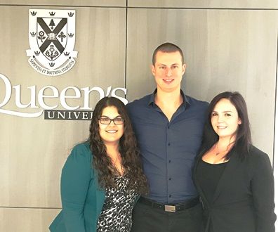 Kayla Touma Zagwolski, Mike Adamek and Sarah Jane Black, all Law’17, are articling with the Queen’s Law Clinics this year. (Photo by Derek Cannon)