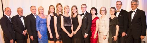 Queen’s Law community members join the Sigurdson family at the CGCA gala. L-r: Paul Marcus, Law’85; Stephen Shamie, Law’86; David Allgood, Law’74; Sheila Murray, Law’82; Heather Sigurdson; Amy Sigurdson; Leslie Sigurdson, Law’84; Laura Sigurdson, Law’13; Jonah Goldberg, Law’12; Betty DelBianco, Law’84; Kelley McKinnon, Law’88; Janet Fuhrer, Law’85; Dean Bill Flanagan; and Firoz Ahmed, Law’84. (Photo by Tim Fraser)