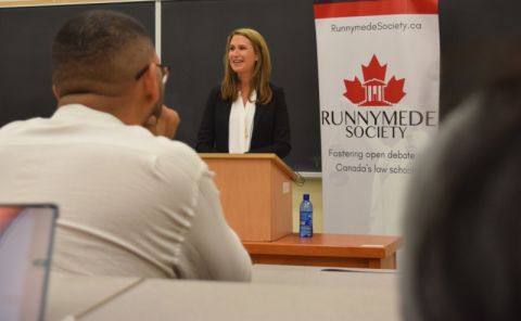 The Honourable Caroline Mulroney, Attorney General of Ontario and Minister of Francophone Affairs, takes a question from the audience during her discussion at Queen’s Law on the role of judges in Canada. “Her observations on judicial independence were informative, non-partisan, honest, and forthcoming,” said attendee Robert Murphy, Law’20. “We are very lucky to have a sitting AG come and speak to us.” (Photo by Lisa Graham)
