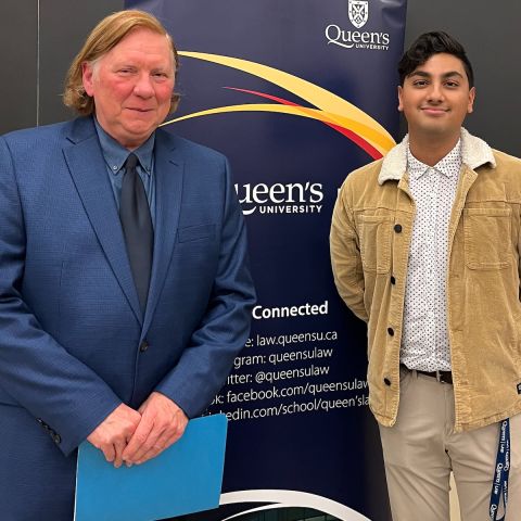 After presenting the Lederman Lecture on Oct. 17, SCC Justice Malcolm Rowe poses with Sahil Gaur, Law’24. 