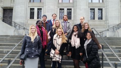 Queen’s Law students on the front steps of the Supreme Court of Canada moments before they witnessed first-hand the final appeal in Groia v LSUC.