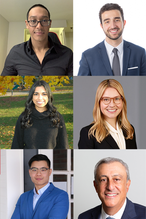 Among the many pairs of students and mentors in this year's Shadow Program were (top row) Kevin Kiss, Law’23, and Mark Asfar, Law’17, in-house counsel with J.L. Richards & Associates Limited in Ottawa; (middle row) Rena Taggar, Law’23, and Corina Capmare, Law’19, an associate with Cassels Brock and Blackwell LLP in Toronto; and (bottom row) Kevin Lau, Law’23, and Stephen Shamie, Law’86, a partner and senior labour and employment lawyer with Hicks Morley Hamilton Stewart Storie LLP in Toronto. Shadow Program students and mentors