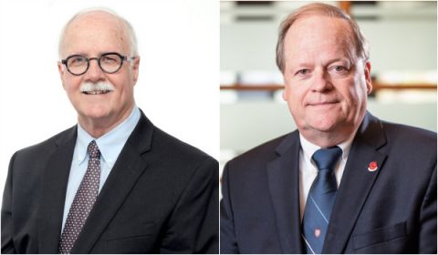 Order of Canada appointee John Sims, Law’71, is interviewed by recently retired Supreme Court Justice Thomas Cromwell, Law’76, LLD’10.