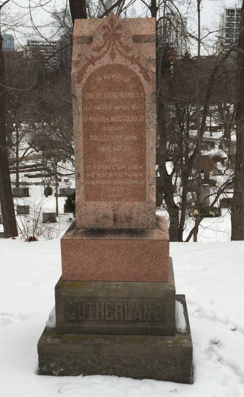 Tribute to a Law Pioneer: The Latin-inscribed monument erected over Robert Sutherland's grave in Toronto's Mount Pleasant Cemetery was ordered in 1878 by Queen’s Principal George Monro Grant to forever mark his connection to Queen’s. The tablet-shaped tombstone of pink granite, about 6 ft. tall, remains in almost perfect condition. As translated into English, the inscription reads: “In memory of Robert Sutherland B.A. who lived 46 years [and] died on June 2, 1878. The University of Queen's College, his heir