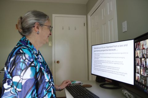 Professor Teresa Scassa, Canada Research Chair in Information Law and Policy at the University of Ottawa, teaches her course, “Keep it Secret/Keep it Safe: Privacy, Data Governance & AI,” to participants in the virtual AI and Law Certificate program that was offered by Queen’s Law during the last week of May. 