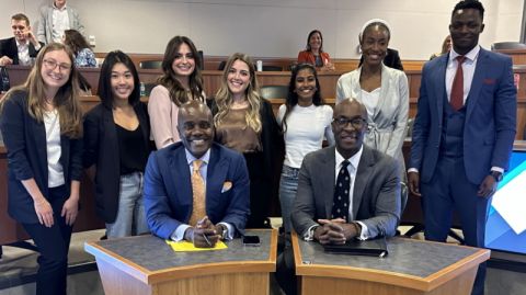 Wes Hall, LLD’22, and Eme Onuoha, MBA’08, with Queen’s Law and Smith MBA students who participated and organized the “Gaels’ Den.” Wes Hall, LLD’22, and Eme Onuoha, MBA’08, with Queen’s Law and Smith MBA students who participated and organized the “Gaels’ Den.”