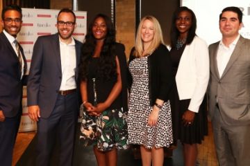The six winners of the 2016 Precedent Setter Awards include Queen’s grads Jackie Swaisland (third right) and Peter Aprile (far right). (Photo courtesy of Precedent magazine)