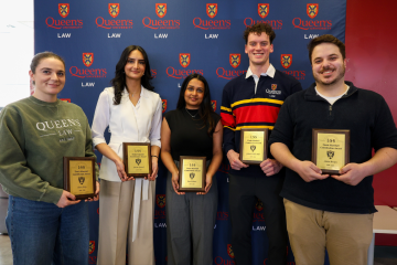 Recipients of the 2026 Denis Marshall Contribution Awards — Sierra Adey, Simran Grewal, Rani Bulsara, Gabriel Mollot-Hill, and Aidan Brown — are recognized for demonstrating, through substantial commitment, the imprint of the graduating class on the life of Queen’s Law.