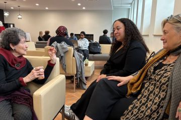 Geraldine Tepper, Law’60, the lifelong friend and classmate of Mary Alice Murray, chats with Law Students’ Society President Gabriella Zappulla, Law’27, and Dean Colleen M. Flood at the reopening of the student lounge named in Murray’s honour. (Photo by Lisa Graham)