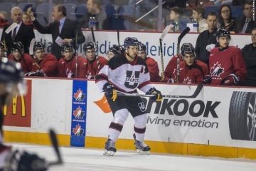 U SPORTS All-Star defenceman Spencer Abraham, Law’20, in action during a game against the Canada’s World Junior hopefuls at the Meridian Centre in St. Catharines on December 14. (Photo by Natasa Djermanovic)