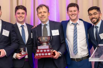 Members of the Queen’s Law team that won the 2024 Donald G.H. Bowman National Tax Moot: oralists Ari Derohanesian, Law’24, and Jeff McPherson, Law’25; coach Martin Sorensen, Law’98, Senior Director at Finance Canada; and oralists Liam Day, Law’25, and Yash Chavda, Law’24. 