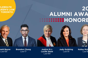Winners of the 2026 Queen’s Law alumni awards – Donald Bayne, Law’69, LLD’17, Brandon Chung, Law’17, Justice Lucille Shaw, Law’89, Judy Goldring, Law’91, and Kelley McKinnon, Law’88 – will receive their trophies at Celebrate Queen’s Law in Toronto on May 27.