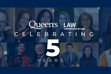 Celebrating the Queen’s undergraduate Certificate in Law program’s fifth anniversary with Academic Director Hugo Choquette, Law’05, LLM’10, PhD17 (top left), and Program Coordinator Amanda Blair (bottom left), are students and graduates from across Canada and as far away as India and China.