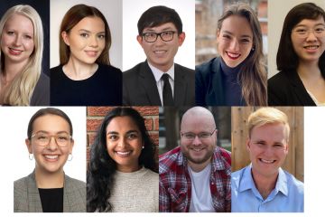 Selected to clerk with justices of Canadian courts in 2022-23 are: (top row, l-r) Alysha Flipse, Law’20, Rachel Oster, Law’20, Michael Cui, Law’21, Samantha Bondoux, Law’21, Christina Tang, Law’22, (bottom row, l-r) Rayna Lew, Law’21, Shailaja Nadarajah, Law’21, Caine Chapman, Law’22, and Ross Denny-Jiles, Law’22. 