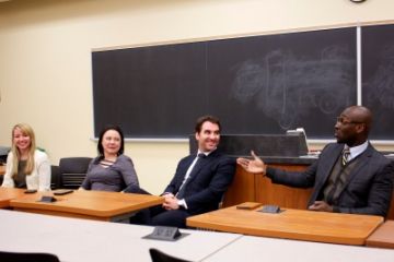 Meaghan Thomas, Law'09, Shaunna Kelly, Law'08, Anthony Marchetti, Law'09, and Malcolm Savage, Law'09, participate in the Queen's Criminal Law Career Panel.