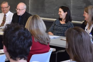 Professor Don Stuart is honoured for his significant contributions to criminal and evidence law by Professors Steve Coughlan (Dalhousie), Janine Benedet (UBC) and Lisa Dufraimont (Osgoode), panelists on the Queen’s Law Journal event “Contesting Criminal Law.”  (Photo by Maggie Doherty)  