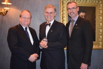 The Honourable Thomas Cromwell, Law’76, LLD’10, award winner Justice Mark Peacock, Law’74, and Dean Bill Flanagan, at an alumni reception on April 24 in Montreal’s Palais de justice.(Photo by Viki Andrevska)