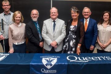 The Honourable Thomas Cromwell, Law’76, LLD’10, at the Queen’s Law at 60 symposium in his honour with panelists and co-editors of the forthcoming commemorative Supreme Court Law Review volume: (l-r) Owen Rees, Law’02; Stephen Aylward; Professor Lisa Kerr; Professor Stephen Coughlan; Michele Leering, PhD student; the Honourable John Evans; Pam Hrick, Law’13, and Dean Bill Flanagan. (Photo by Garrett Elliott)