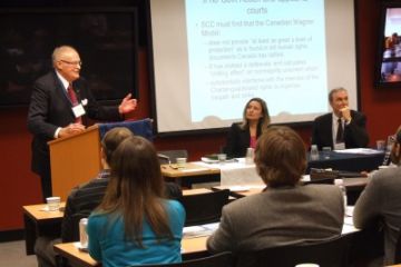 Roy Heenan, CLCW Special Fellow, speaks on the role of international law in Canada’s labour law constitutionalism, while co-panellists Sonia Regenbogen of Mathews Dinsdale LLP and Professor Kevin Banks, CLCW Director, look on.