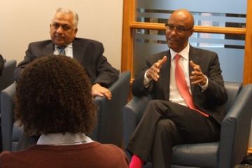 Dhaman Kissoon, Law’89, and Frank Walwyn, Law’93, discuss racial diversity in the legal profession in Macdonald Hall on Dec. 1.
