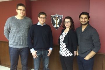 Professor Nicolas Lamp (second left) with Law’17 students helping to facilitate the 2016 ELSA Moot at Queen’s: Marko Petrovic, Carly White and Azeem Manghat.