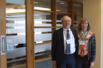 Steven Whitehead, Law’78, and Lynne Golding, Law’87, of Faskens outside the newly upgraded Fasken Martineau DuMoulin Moot Court Room on Jan. 20.
