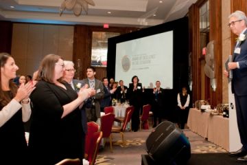 Peter Griffin, Law’77, is applauded by his peers after delivering his acceptance speech as this year’s winner of the OBA Award for Excellence in Civil Litigation at a gala dinner held at the Ritz-Carlton in Toronto on November 22. (Photo courtesy of Ontario Bar Association)