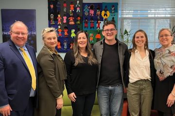 Celebrating their new partnership and funding from the Law Foundation of Ontario at the Kingston Native Centre and Language Nest are Blair Crew, Executive Director of Queen’s Law Clinics; Dean Colleen M. Flood; Constance Carrière-Prill, Law’25, Director of Strategic Development at KNCLN; Brandon Maracle, Law’22 and Executive Director at KNCLN; Professor Lindsay Borrows; and Assistant Dean Karla McGrath.