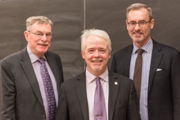 Ontario’s Integrity Commissioner, David Wake, Law’72, with then-program director Tom Harrison, Law’01, PhD’16, and Dean Bill Flanagan before Wake’s 2017 McCarthy Tétrault Lecture. (Photo by Andrew Van Overbeke)