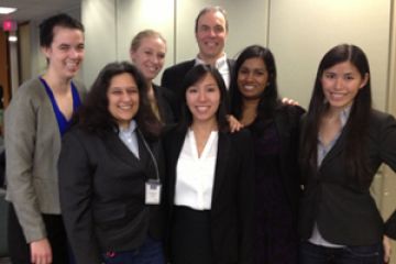 Angela Wiggins, Giovanna Di Sauro, Melissa McKay, Jessica Liu, Professor Kevin Banks, Swarna Perinparajah and Chanelle Wong after the final round of the competition in the Ontario Labour Relations Board Building in Toronto on January 26.