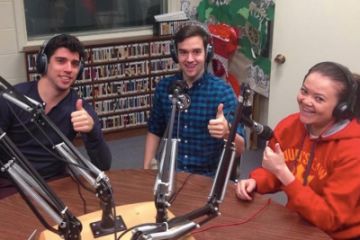 Pro Bono Radio students Brody Appotive, Graeme Macpherson and Geneve Say, all Law’17, in the broadcast booth at CFRC.