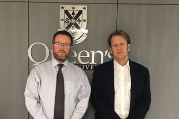 Sean Ellacott, Law’01 (right), the new Queen’s Prison Law Clinic Director as of Jan. 1, 2017, with Paul Quick, Law’09, PLC Review Counsel, at the Queen’s Law Clinics in downtown Kingston. (Photo by Derek Cannon)